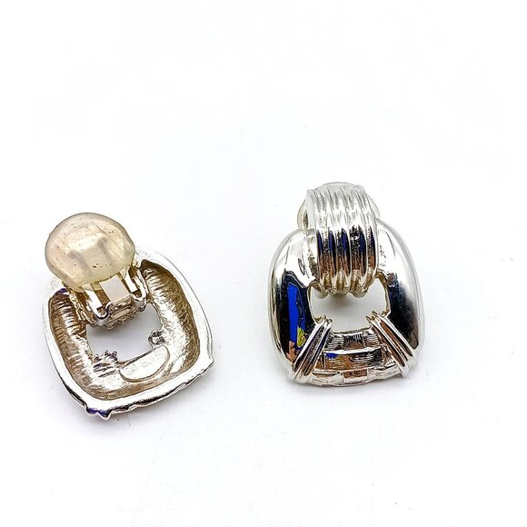 Vintage Designer Gay Boyer Earrings, Signed Silver Tone Door Knocker with Basket - Picture 4 of 4